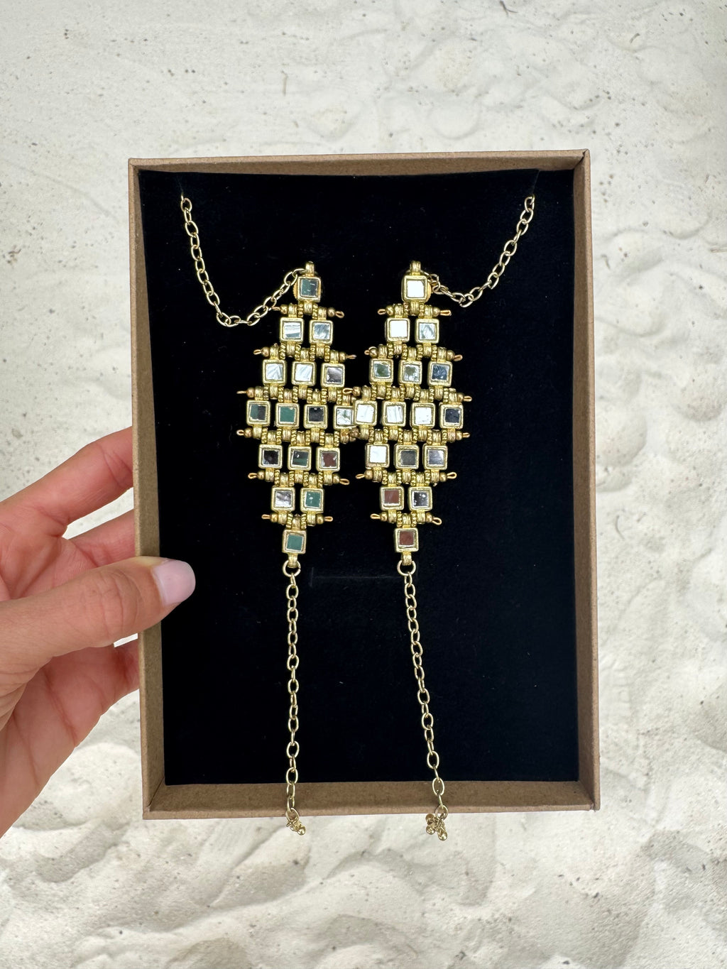 long mirror earrings india geometric