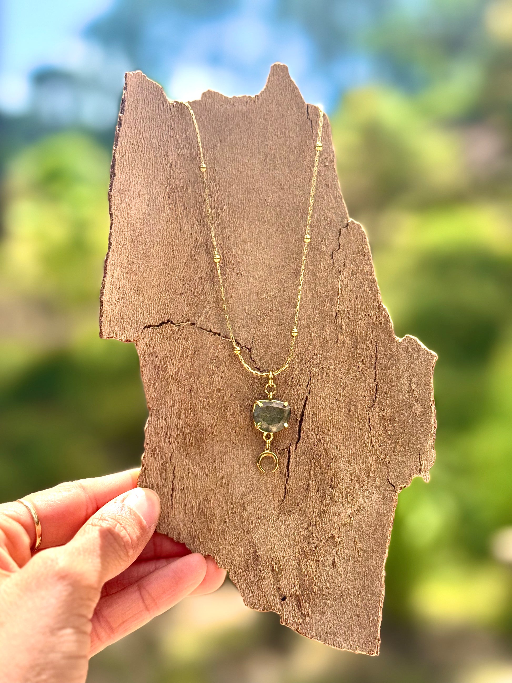 Gold necklace with a pendant held on a wooden piece against a blurred natural background